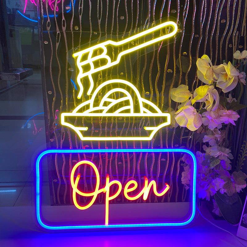 Open LED Neon Sign With Ramen Noodles